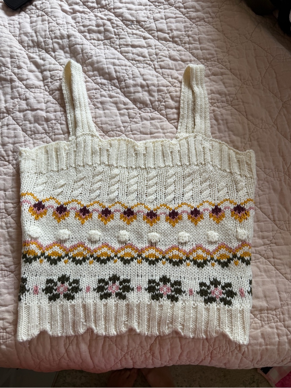 Blu Pepper Cream Knit Tank Top with Yellow, Pink & Brown Pattern
